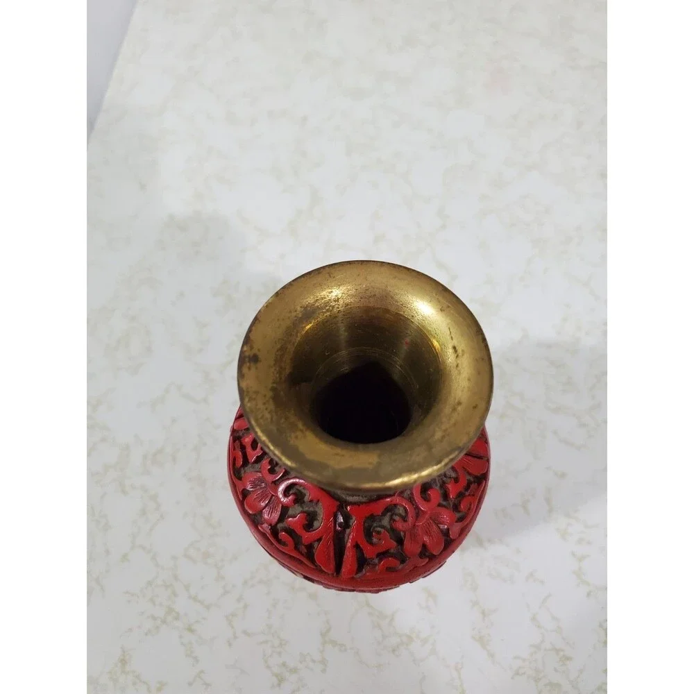 Vintage Chinese Cinnabar Vase Hand Carved Enamel Red Cinnabar Oriental